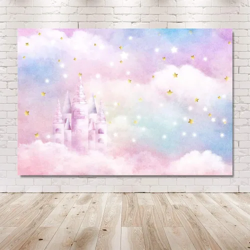 Miniatura 5 de MEHOFOND Acuarela de arco iris pastel para estudio fotográfico, decoración de fondo para cabina de estudio fotográfico, estrellas doradas, nube