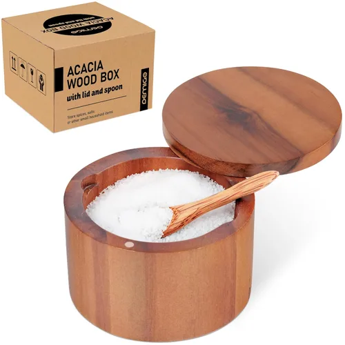 Miniatura 10 de Demigo Salero de Acacia con Capacidad de 9 Onzas, Caja de Sal de Madera con Tapa Giratoria, Conservador de Especias, Frasco de Madera para Cocina
