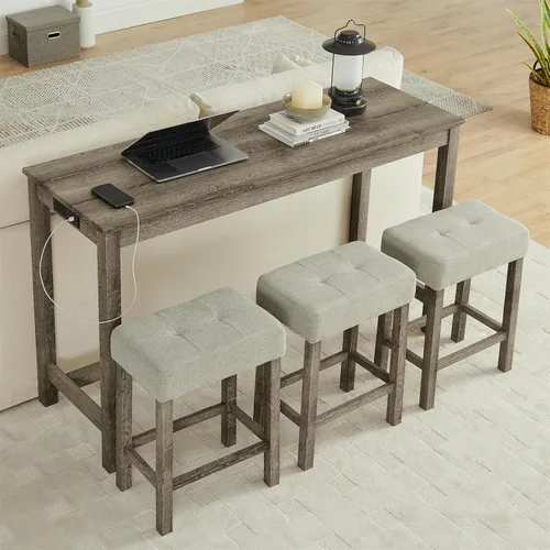 Miniatura 19 de Juego de mesa de bar industrial de 59" de 4 piezas con toma de corriente incorporada, mesa de sofá detrás del sofá con 3 taburetes tapizados