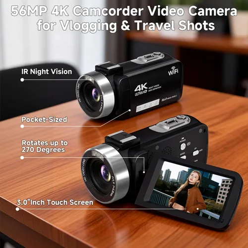 Miniatura 3 de Videocámara, videocámara 4K 56MP grabadora de video digital 18X zoom 3" pantalla táctil de rotación 270° visión nocturna IR, cámara wifi para vlogs