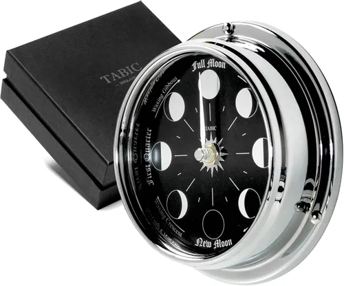 Reloj de Pared de Fases Lunares Prestige Cromado Hecho a Mano - Elegante Reloj de Pared de Luna Llena con Esfera Negra Azabache, Aspecto Cromo -