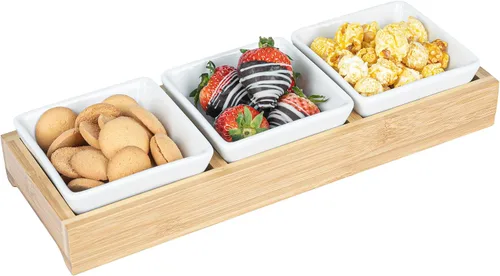 Miniatura 18 de Restaurantware -Juego de cuencos de 9 onzas con bandeja - 1 juego de servir lavable en platos, incluye 3 cuencos de porcelana y 1 bandeja de bambú