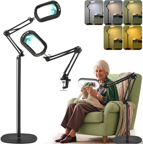Lupa grande 12X con luz y soporte, cristal real, 5 modos de color, lámpara de pie LED regulable sin escalones, brazo oscilante, 3 en 1, lupa