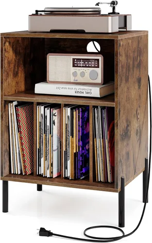 Miniatura 10 de Giantex Soporte para tocadiscos con estación de carga, soporte para tocadiscos con armario de almacenamiento, estante para tocadiscos con patas