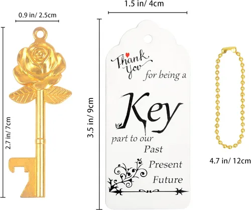 Miniatura 2 de Aokbean 100 llaves en forma de flor de rosa, regalos de boda, regalo para invitados, abridor de botellas con tarjeta y cadena para decoración Dorado