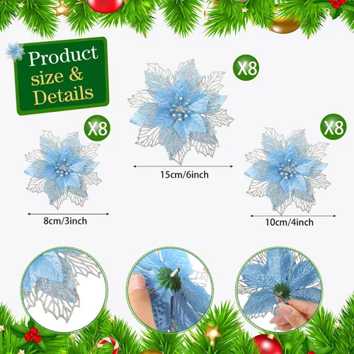 Miniatura 2 de Geosar 24 piezas de flores de Pascua con purpurina para Año Nuevo, flores artificiales en capas, adornos para árbol de boda y Año Nuevo, 3/4/6 Azul