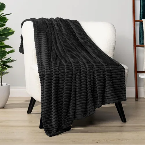 Miniatura 3 de PAVILIA Manta de forro polar súper suave, manta de franela de felpa mullida, cálida y acogedora manta de microfibra acanalada para sofá o cama, Negro