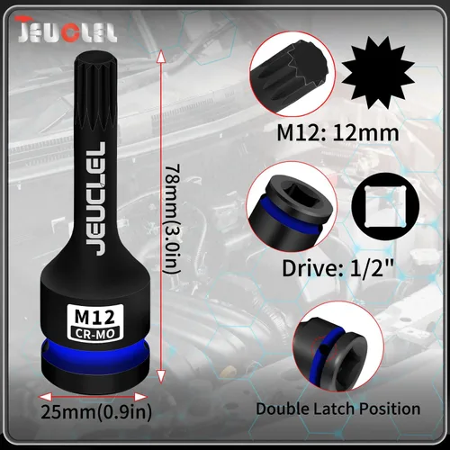 Miniatura 6 de M12 Triple Square Impact Spline Bit Socket, 0.472 in métrico 1/2-Inch Impact Drive Triple Square Socket, Cr-Mo Acero Alargar Destornillador Adaptador