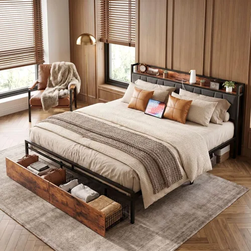 Miniatura 9 de LIKIMIO Base de cama tamaño King, cabecera de almacenamiento con estación de carga, cama de plataforma con cajones, no necesita somier, fácil Marrón