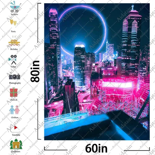 Miniatura 6 de Aidatain Tapiz de juego punk grande de 60 x 80 pulgadas, tecnología futurista, paisaje urbano, rascacielos, estético, tapices de franela para colgar