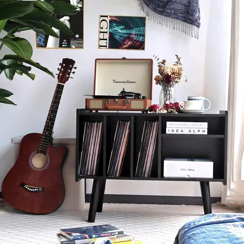 Miniatura 7 de Soporte para tocadiscos con almacenamiento de vinilo, soporta hasta 136 kg, gran mesa para tocadiscos con gabinete para almacenamiento de álbumes