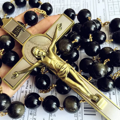 Miniatura 6 de elegantmedical Caja de regalo católica de cruz de rosario grande hecha a mano con cuentas de obsidiana de oro negro de 0.787 in, Obsidiana dorada