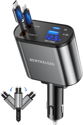 Miniatura 3 de BERTHALESS Cargador de coche retráctil para papá, carga rápida 4 en 1 con USB-C y USB-A, compatible con iPhone 17/16/15/14/13/12/11, Galaxy, Pixel