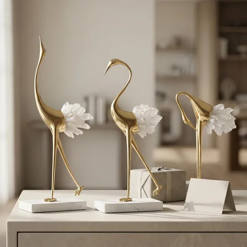 Miniatura 4 de suruim Elegantes estatuas de pájaro de grúa dorada con detalles de cola de cristal, figuras decorativas de latón para decoración del hogar (blanco A)