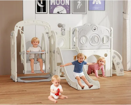 Miniatura 8 de GITAWUSA Juego de tobogán y columpio 9 en 1 para niños pequeños de 1 a 3 años, para interiores y exteriores, con aro de baloncesto, telescopio