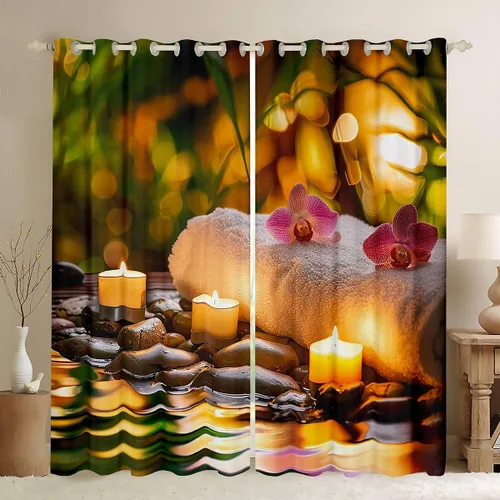 Cortinas zen de spa, cortinas de ventana de naturaleza muerta para niños, niñas, adolescentes, velas aromáticas, cortinas de tratamiento de