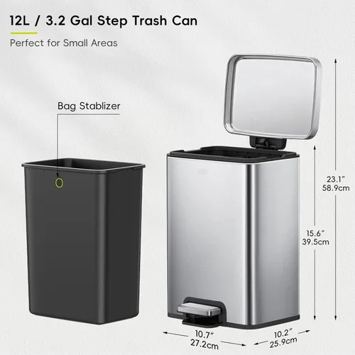 Miniatura 7 de EKO Madison - Basurero de acero inoxidable cepillado de 3.2 galones/12 litros para baño, cubo de basura o cubo de reciclaje, forro