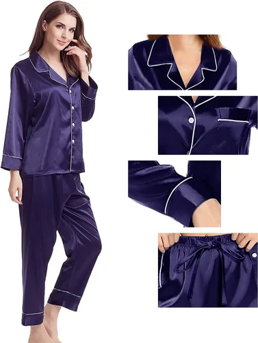 Miniatura 5 de Conjunto de pijama para mujer, pijama de satén de seda, pijama largo de 2 piezas, con botones, conjunto de pijama para descansar