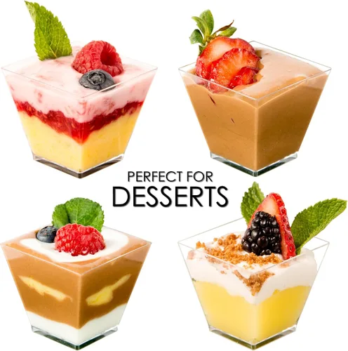 Miniatura 6 de DLux 100 x 2oz Tazas Cuadradas Mini de Postre con Cucharas y Tapas, Taza de Plástico Transparente para Aperitivos Parfait - Pequeño Cuenco