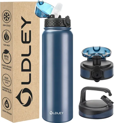 Miniatura 40 de Botella de agua aislada Oldley de 12 oz con pajita, botella de agua de acero inoxidable con 2 tapas, botellas de doble pared con vacío para adultos