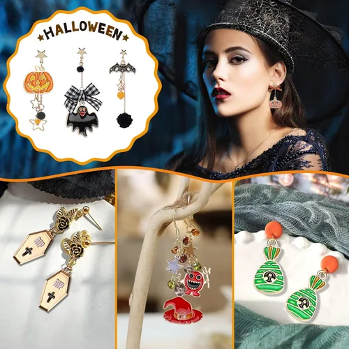 Miniatura 4 de SANNIX 110 piezas 55 pares de dijes de Halloween esmaltados dorados para Halloween, aretes, pulseras, collares, manualidades