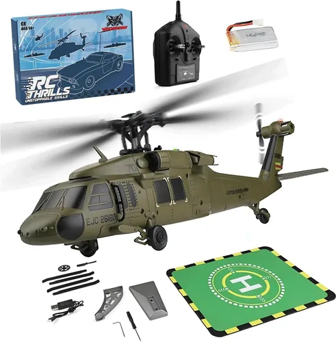 FunXylophy WL K170 Helicóptero RC, 2.4G 4CH Flybarless 6-Axis Giroscopio Altitude Hovering RC Helicóptero militar con soporte de exhibición y
