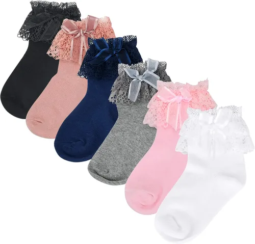 Miniatura 4 de Calcetines con volantes para niñas pequeñas, calcetines de encaje con lazo, 6 pares