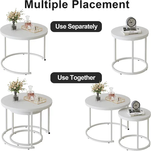 Miniatura 8 de Garden 4 you Mesa de Centro Anidable, Juego de Mesa de Centro Redonda de 23.6", Juego de 2 Mesas Anidables de Madera con Marco de Metal, Mesas Blanco