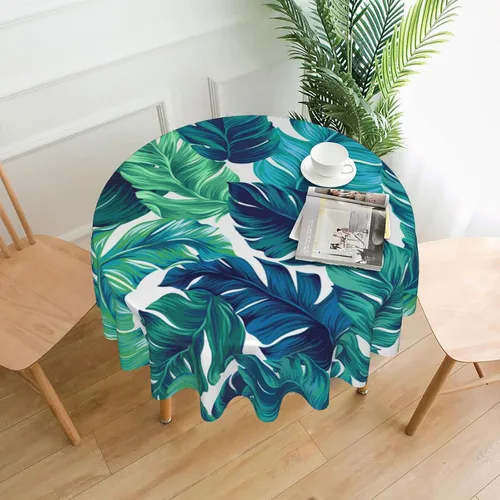 Miniatura 2 de Sweetshow Mantel Tropical Redondo de 60 Pulgadas para Verano Hoja de Palmera Hawaiana Verde Mantel Redondo de Poliéster Lavable Cubierta de Mesa