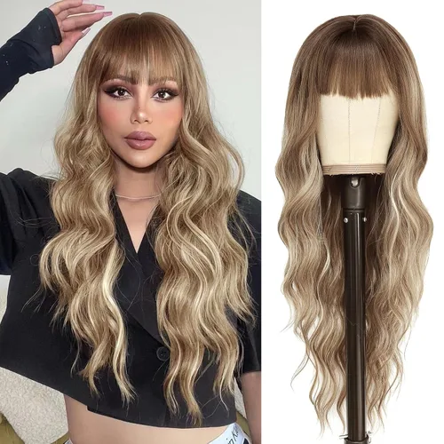 Miniatura 13 de NAYOO Pelucas marrones con flequillo para mujer, pelucas de cabello largo y ondulado, resistentes al calor, pelucas de fibra sintética para uso