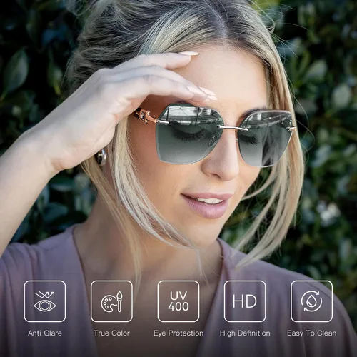 Miniatura 27 de ZENOTTIC Lentes de sol sin montura de gran tamaño para mujer, diseño geométrico de corte de diamante, lentes degradados, protección UV, tonos de moda