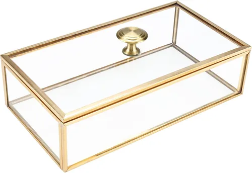 HighFree Copper Golden Vintage Glass Lidded Box wLift-off Cover, Jewelry Display Box Organizer, Decorative Keepsake Counter Display Box (8×4.5×2 in)