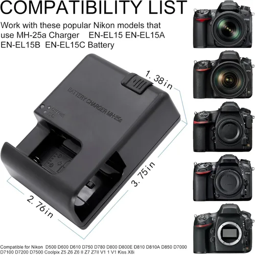 Miniatura 3 de Carga de batería MH-25a compatible con Nikon EN-EL15 EN-EL15a EN-EL15b EN-EL15c EP-5B D500 D600 D610 D750 D780 D800E D810 D810A D850 D70000 D710 0