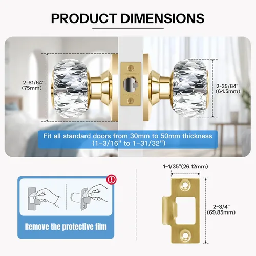 Miniatura 2 de Pomos de puerta de cristal con cerradura y llaves con cerradura de privacidad, lujosos pomos de puerta de cristal clásicos de diamante