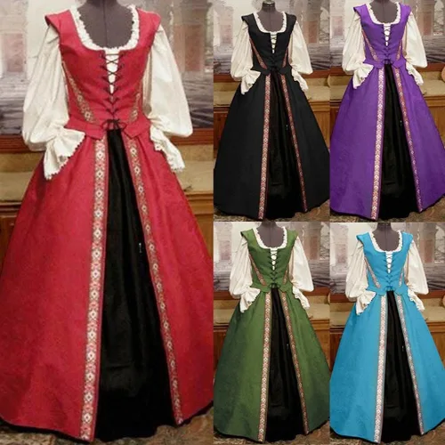Miniatura 4 de Wkishenl Vestido renacentista de dos piezas para mujer, con cordones, vestido de baile gótico con decoración floral, disfraz medieval victoriano