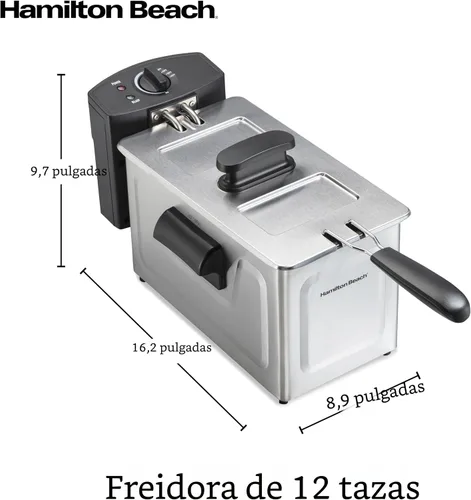 Miniatura 8 de Hamilton Beach 35032 Freidora eléctrica de estilo profesional, cesta de freír con ganchos, 1500 vatios, 3 litros, acero inoxidable