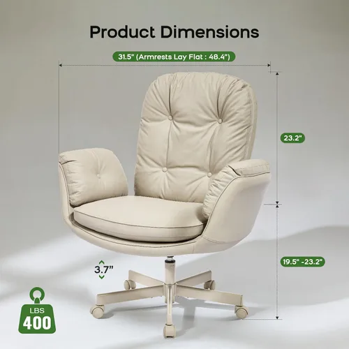 Miniatura 2 de amseatec Silla cruzada con reposabrazos y ruedas para sentarse con patas cruzadas, cómoda silla de escritorio giratoria ajustable para oficina, Crema