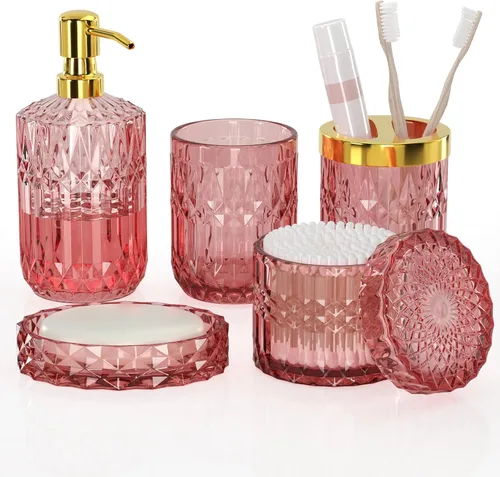 Miniatura 11 de Juego de accesorios de baño rosa intenso de vidrio 5 piezas, juego de baño rosa intenso, juego de dispensador de jabón y soporte para cepillo