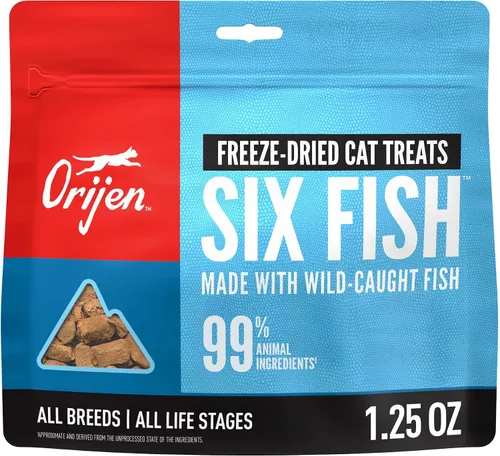 ORIJEN Golosinas para gatos liofilizadas sin granos con alto contenido de proteínas, ingredientes animales crudos Seis pescados 1.25oz Bolsa