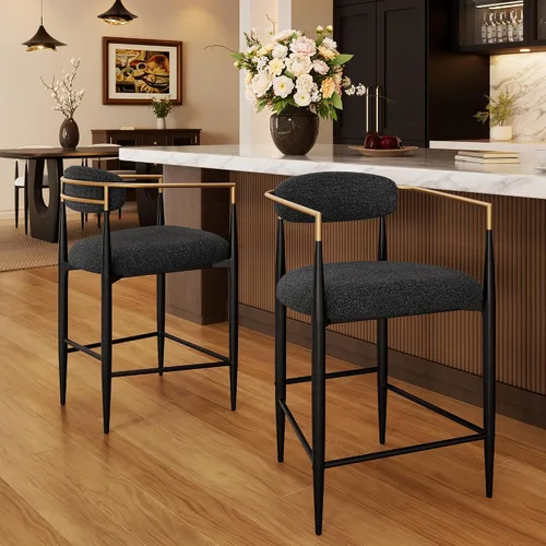 Morden Fort Juego de 2 taburetes de bar de altura de mostrador, modernos taburetes tapizados con respaldo alto y patas de metal negro, sillas de