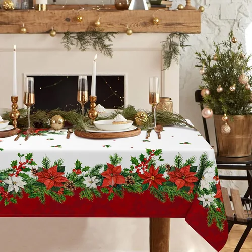 Miniatura 20 de Mantel rectangular de Navidad de 60 x 84 pulgadas, mantel de decoración navideña de alce, poliéster, impermeable y resistente a las arrugas, mantel