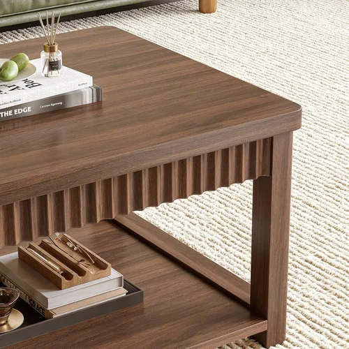 Miniatura 6 de Homkdom Mesa de Café, Mesas de Café Modernas de 39 Pulgadas para Sala de Estar con Almacenamiento de 2 Niveles y Borde Ondulado, Mesa Central