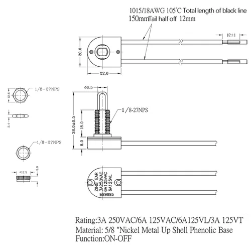 Miniatura 7 de Interruptor de botón Zing Ear ZE-107M ON-Off 5/8 "Lámpara de luz 3A 250VAC/6A 125VAC/3A 125VL/3A 125VT Prensa de dos etapas Interruptores con cable