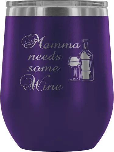 Miniatura 7 de Con aislamiento vaso de vino con tapa – Mamma necesita algo de vino – 12 oz vasos de vino de acero inoxidable de vidrio – doble pared aislado al