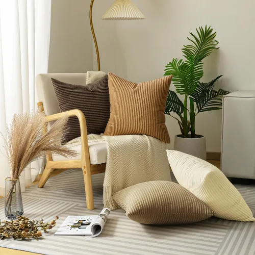 Miniatura 6 de Lewondr - Fundas de almohada de pana, juego de 4 fundas cuadradas de 22x22 pulgadas, con diseños a rayas modernas, para sofá, sala de estar, Marrón