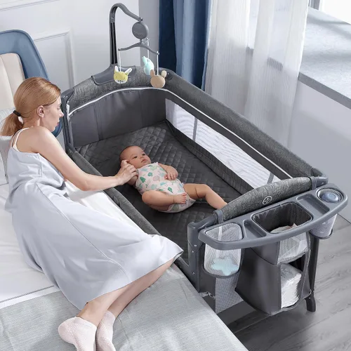 Miniatura 9 de BabyBond Cuna para bebé, cuna de noche, paquete y juego con sábana, cambiador de pañales y móvil de música desde recién nacidos hasta niños