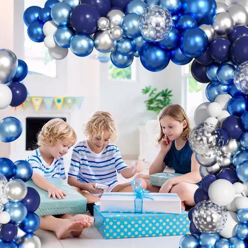 Miniatura 3 de Ouddy Life Kit de arco de guirnalda de 156 globos azules y plateados, azul marino, metálico, azul claro, plateado, blanco, confeti, para cumpleaños