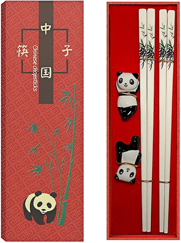 Miniatura 14 de Juego de palillos panda con reposo de regalo, aptos para lavavajillas, reutilizables, de fibra de vidrio, palillos y soporte de porcelana