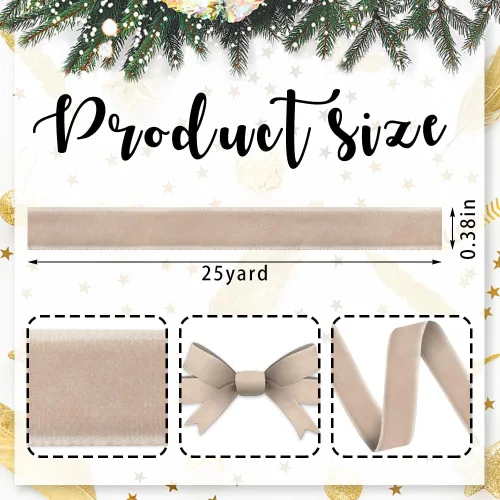 Miniatura 2 de Hying Cintas navideñas de champán para manualidades, 3/8 pulgadas x 25 yardas, cinta de color camello claro, cintas de Navidad para envolver