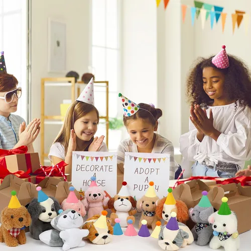 Miniatura 8 de Conjunto de Favores de Fiesta para Adoptar un Perro - 12 piezas de cachorros de peluche con sombreros de fiesta incluye casa de papel, cerca